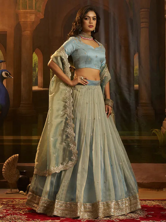 Blue organza silk festive lehenga set for women by Viyanka Collections
