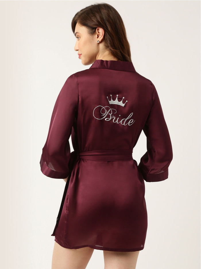 Bride embroidered purple silk robe for women by Viyanka