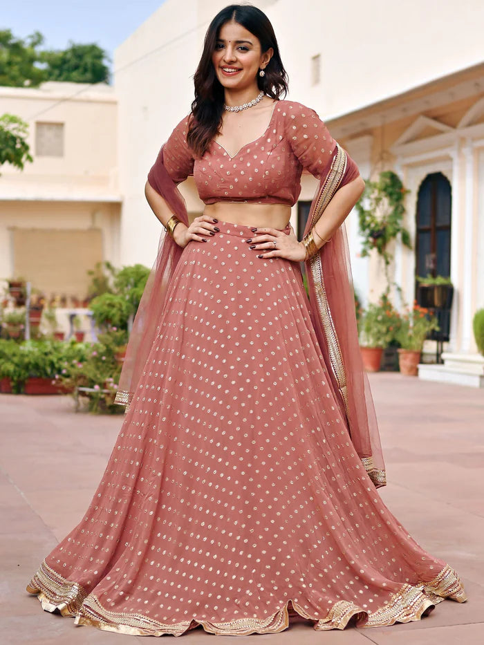 Brown georgette festive lehenga set for women by Viyanka Collections
