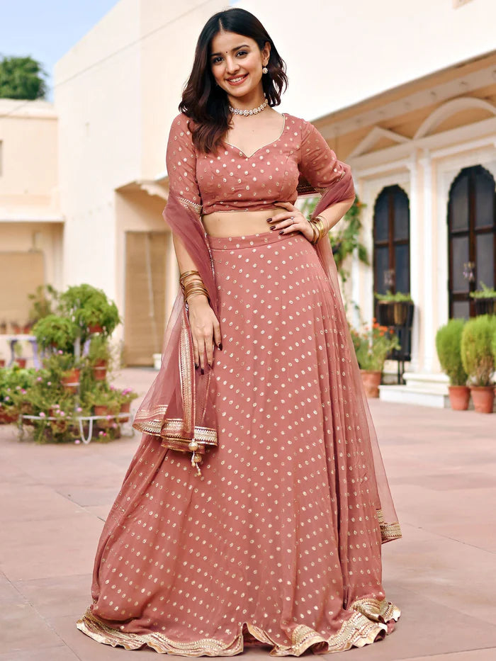 Brown georgette festive lehenga set for women by Viyanka Collections
