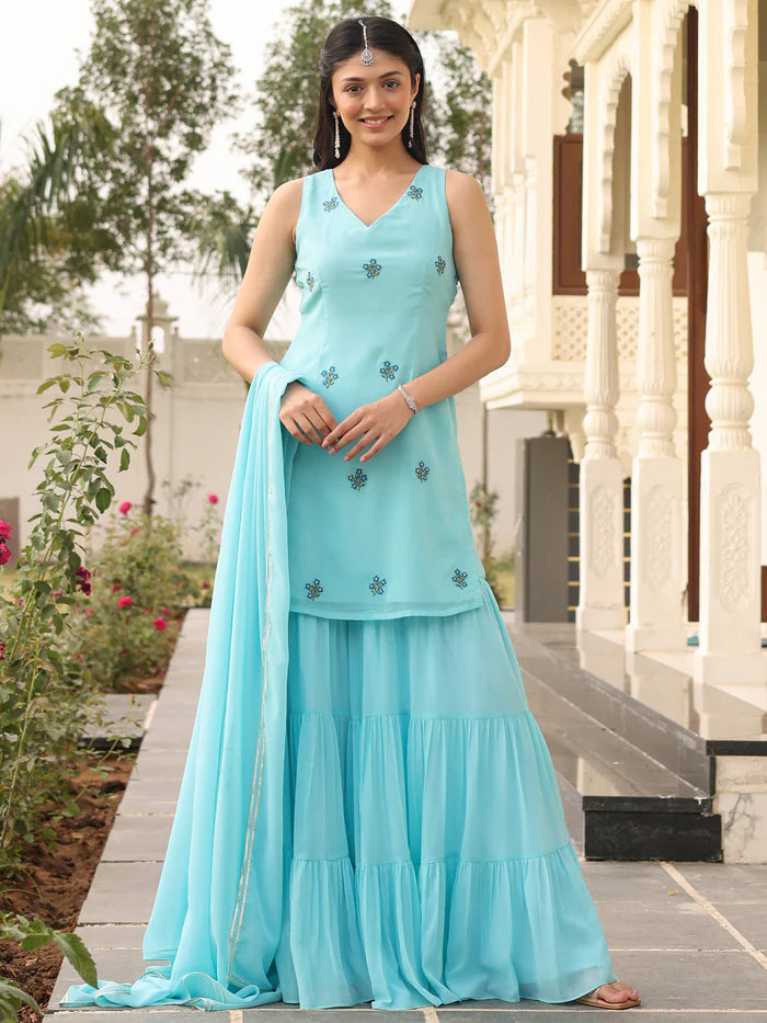 Viyanka Iconic Blue Georgette Sharara Set