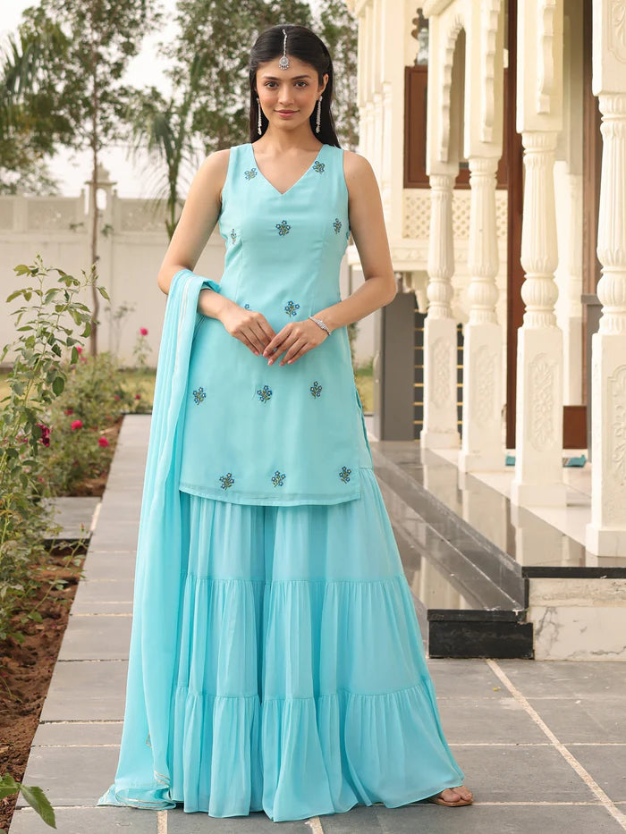 Viyanka Iconic Blue Georgette Sharara Set