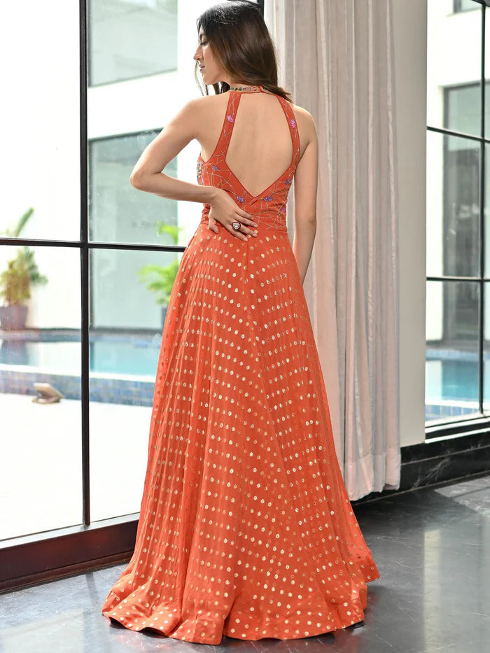 Meenakari orange georgette festive ball gown for women by Viyanka