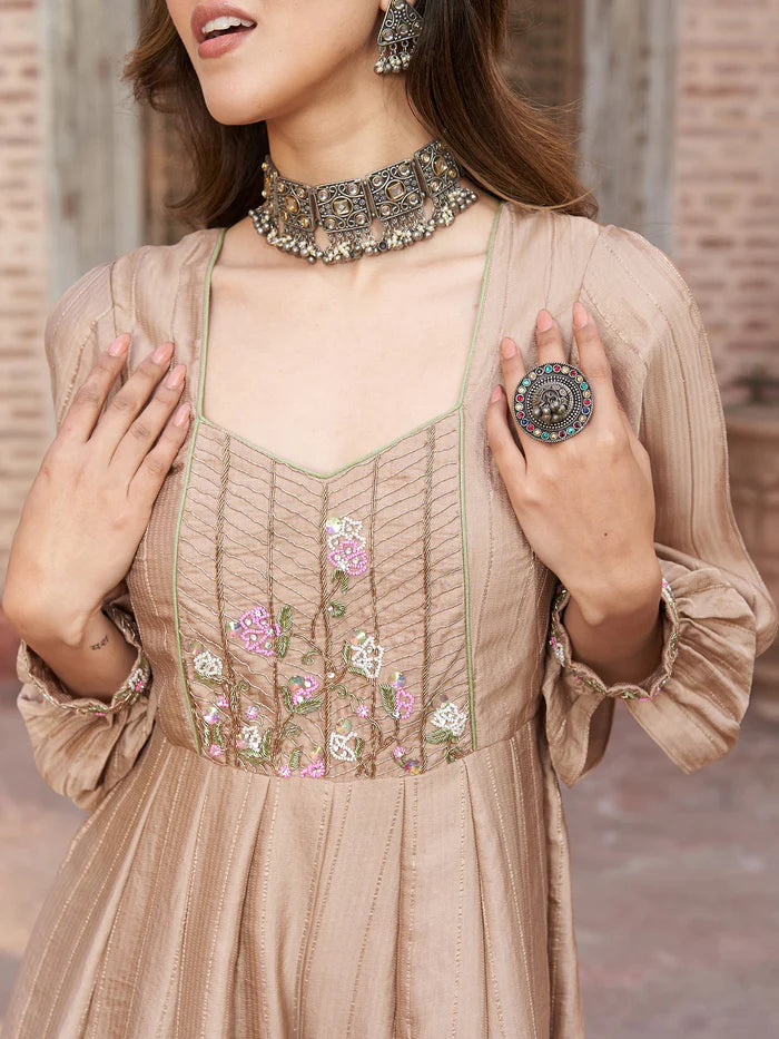 Mouse brown silk evening jumpsuit for women by Viyanka