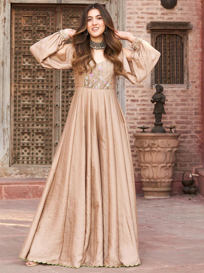 Mouse brown silk evening jumpsuit for women by Viyanka