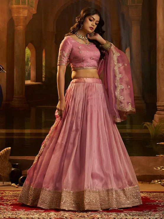 Pink and magenta organza silk festive lehenga for women by Viyanka Collections

