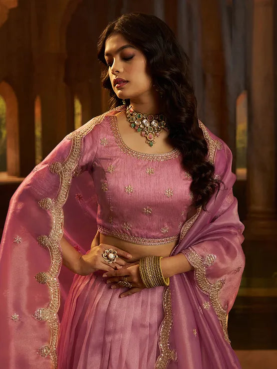 pink magenta organza silk festive lehenga viyanka