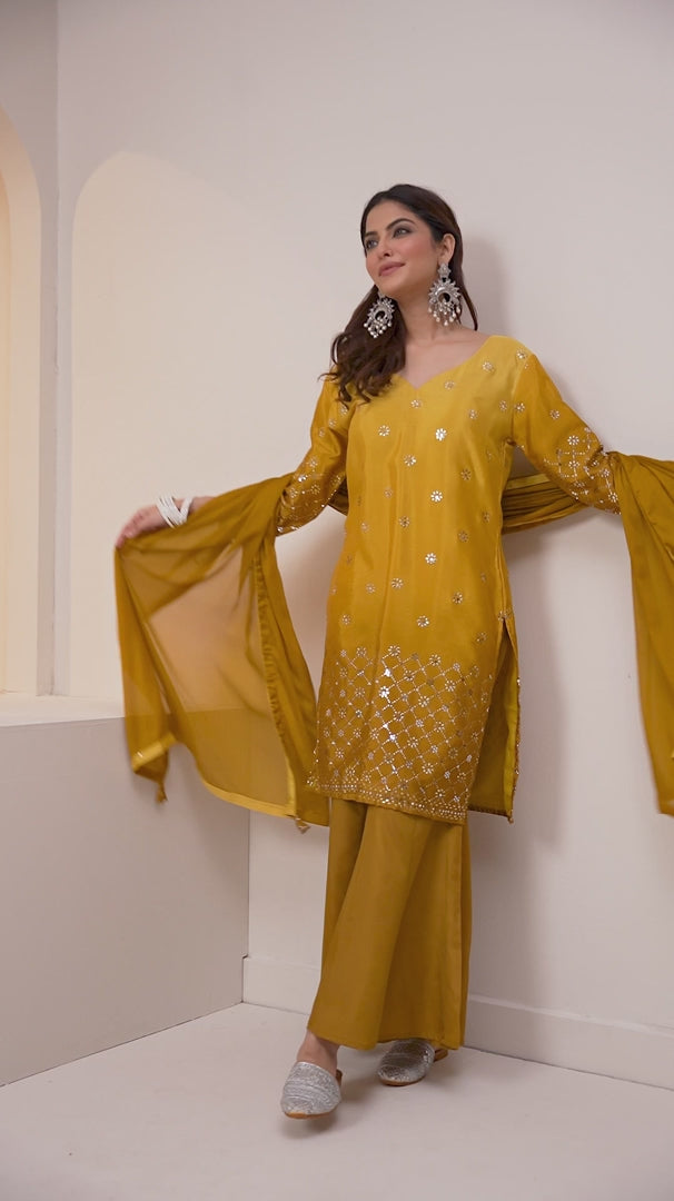 Viyanka Mustard Poly Silk Foil Printed Kurta Set
