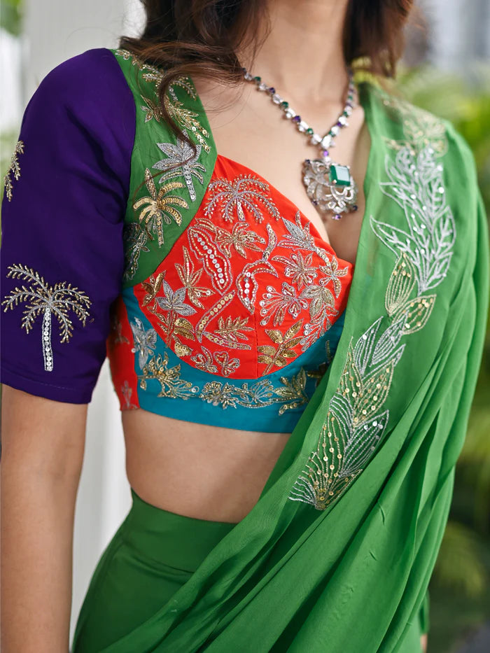 Sage green organza festive saree for women by Viyanka