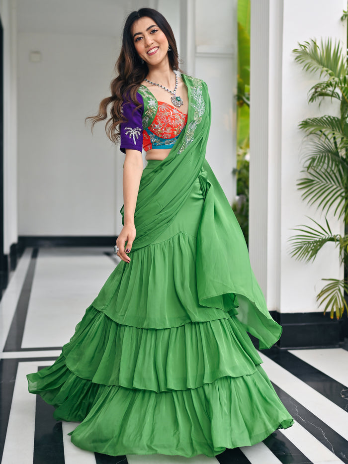 Sage green organza festive saree for women by Viyanka