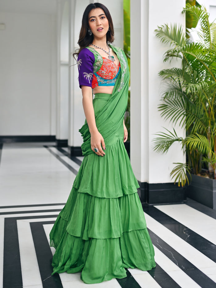 Sage green organza festive saree for women by Viyanka