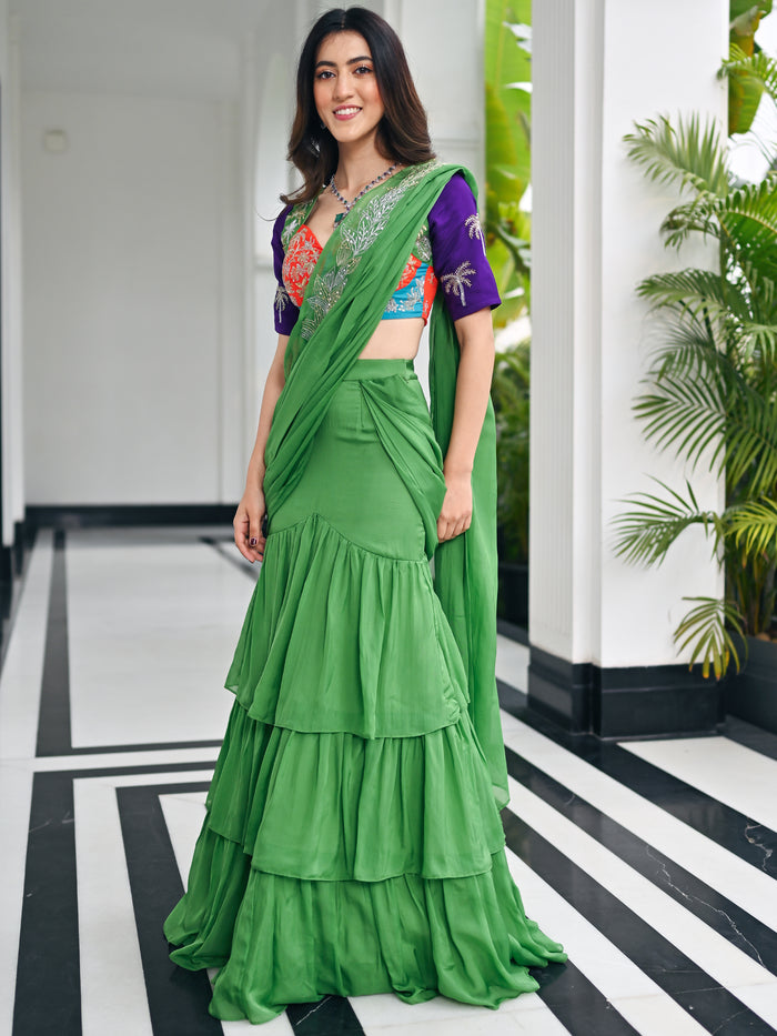 Sage green organza festive saree for women by Viyanka