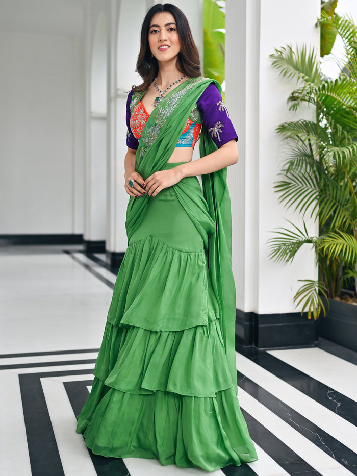 Sage green organza festive saree for women by Viyanka