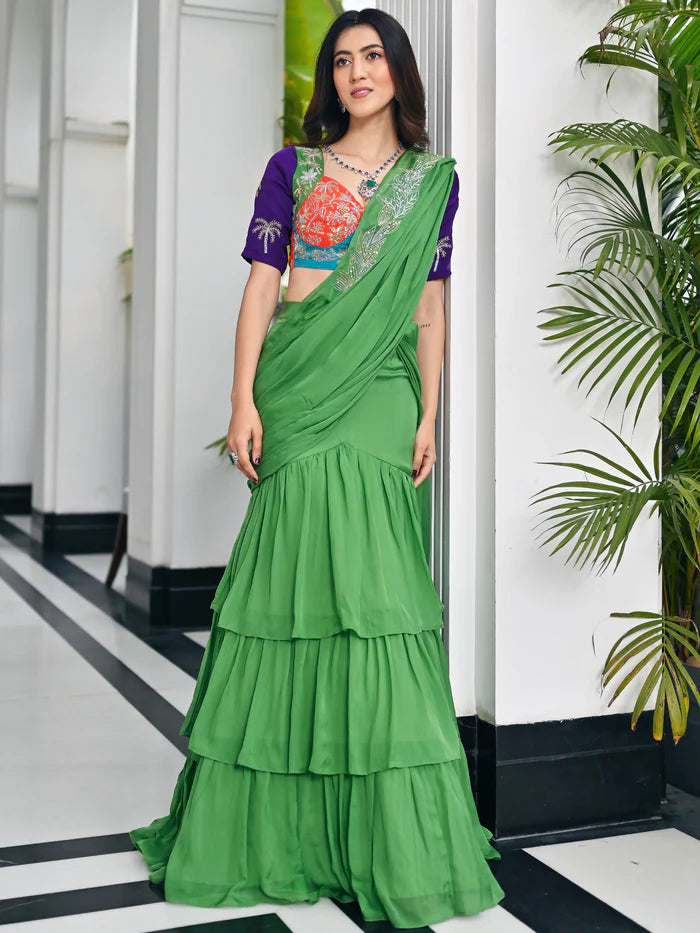 Sage green organza festive saree for women by Viyanka