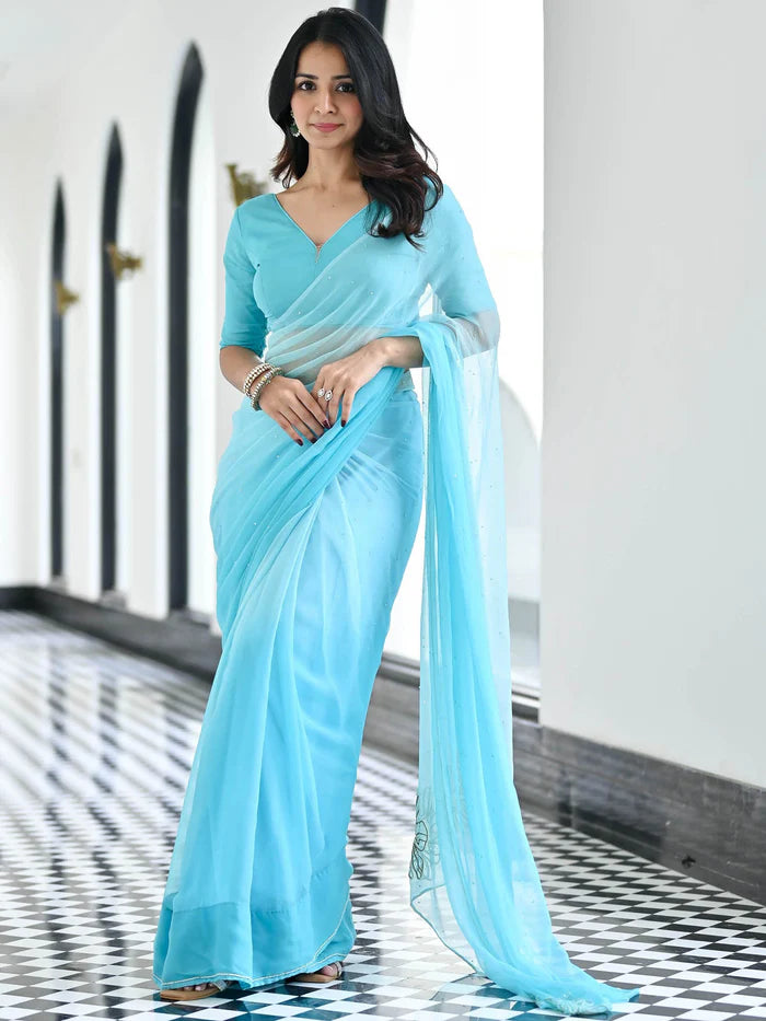 Sky blue chiffon festive saree for women with pearl handwork by Viyanka