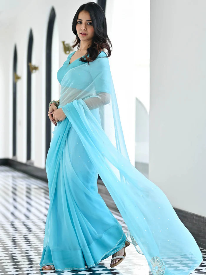 Sky blue chiffon festive saree for women with pearl handwork by Viyanka