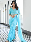 Sky blue chiffon festive saree for women with pearl handwork by Viyanka