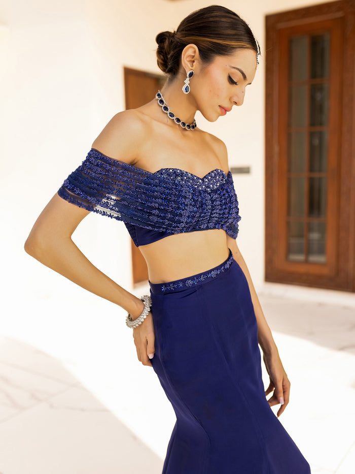 Tail blue corset drape set for women with floral handwork by Viyanka