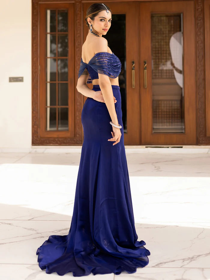 Tail blue corset drape set for women with floral handwork by Viyanka