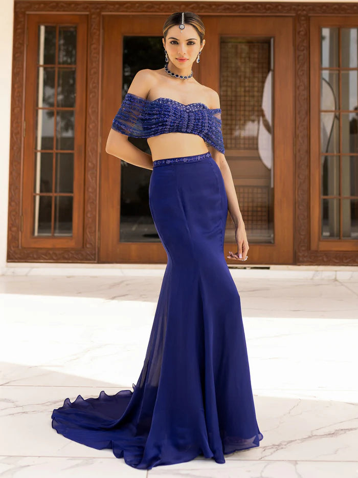 Tail blue corset drape set for women with floral handwork by Viyanka