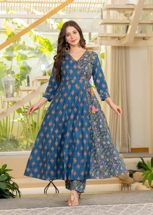 White and Blue Angrakha Anarkali Suit Set in pure cotton with mulmul dupatta by Viyanka