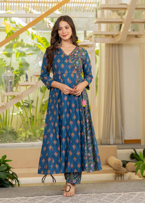 White and Blue Angrakha Anarkali Suit Set in pure cotton with mulmul dupatta by Viyanka