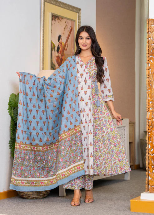White and Blue Angrakha Anarkali Suit Set in pure cotton with mulmul dupatta by Viyanka
