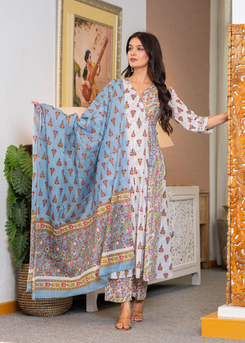 White and Blue Angrakha Anarkali Suit Set in pure cotton with mulmul dupatta by Viyanka