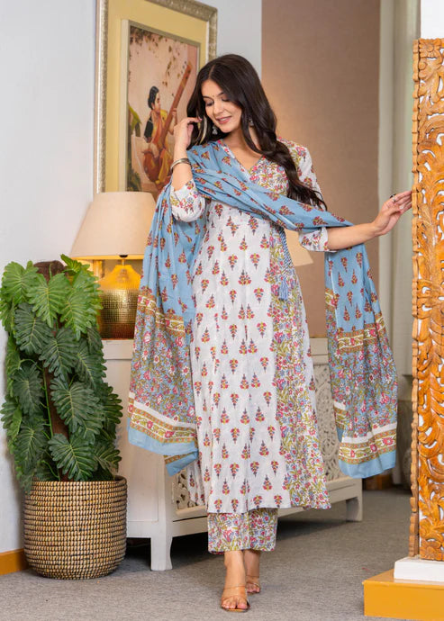 White and Blue Angrakha Anarkali Suit Set in pure cotton with mulmul dupatta by Viyanka