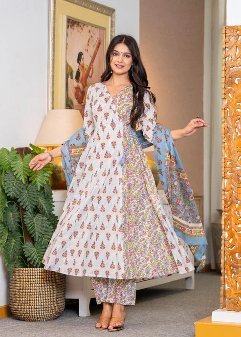 White and Blue Angrakha Anarkali Suit Set in pure cotton with mulmul dupatta by Viyanka