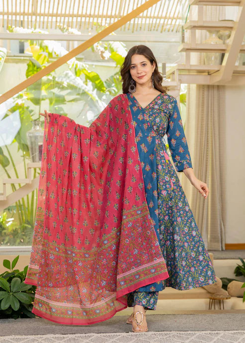 White and Blue Angrakha Anarkali Suit Set in pure cotton with mulmul dupatta by Viyanka