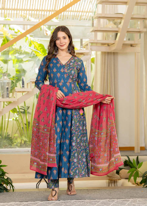 White and Blue Angrakha Anarkali Suit Set in pure cotton with mulmul dupatta by Viyanka