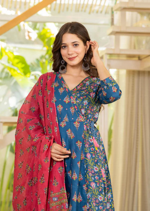 White and Blue Angrakha Anarkali Suit Set in pure cotton with mulmul dupatta by Viyanka