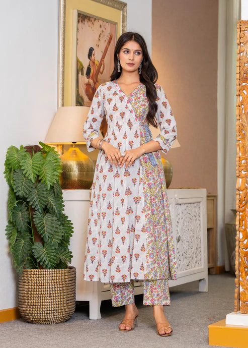 White and Blue Angrakha Anarkali Suit Set in pure cotton with mulmul dupatta by Viyanka