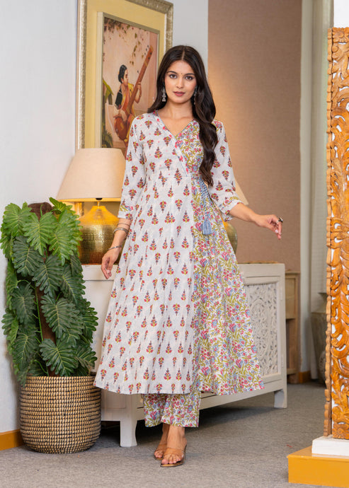 White and Blue Angrakha Anarkali Suit Set in pure cotton with mulmul dupatta by Viyanka