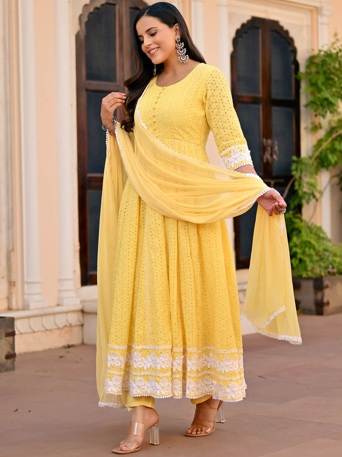 Yellow schiffli cotton anarkali set for women by Viyanka