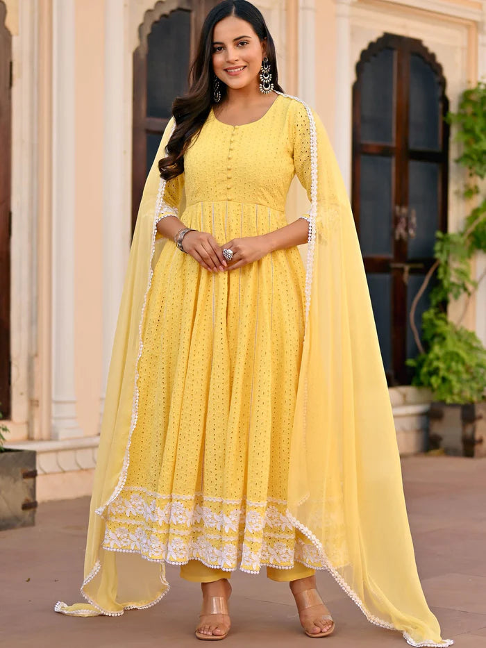 Yellow schiffli cotton anarkali set for women by Viyanka