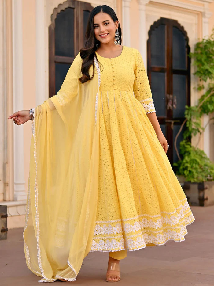 Yellow schiffli cotton anarkali set for women by Viyanka