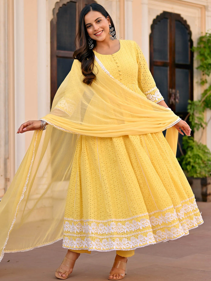 Yellow schiffli cotton anarkali set for women by Viyanka