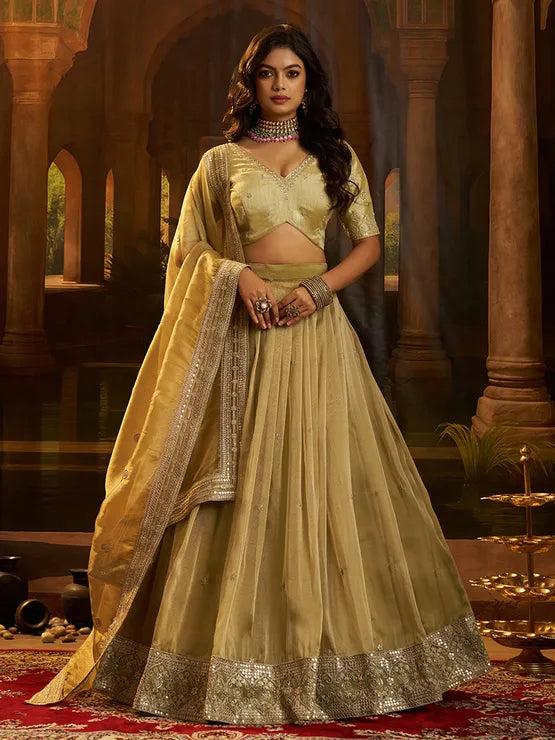 Yellow crepe silk festive lehenga set for women by Viyanka Collections