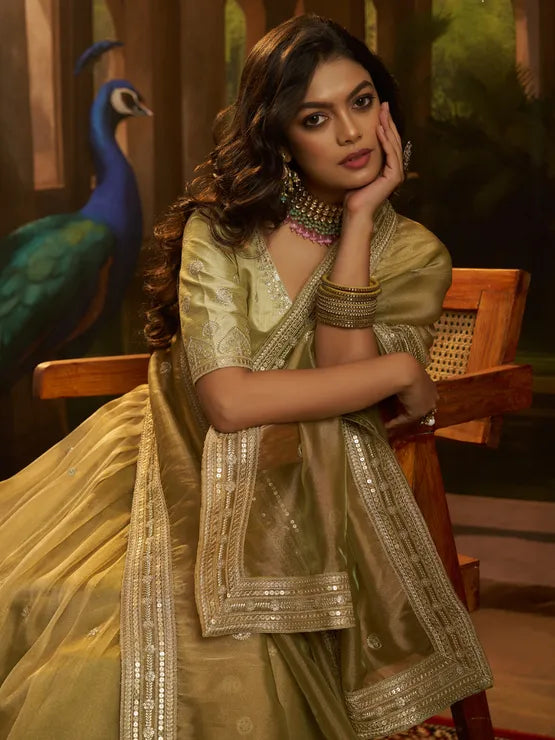 Yellow crepe silk festive lehenga set for women by Viyanka Collections
