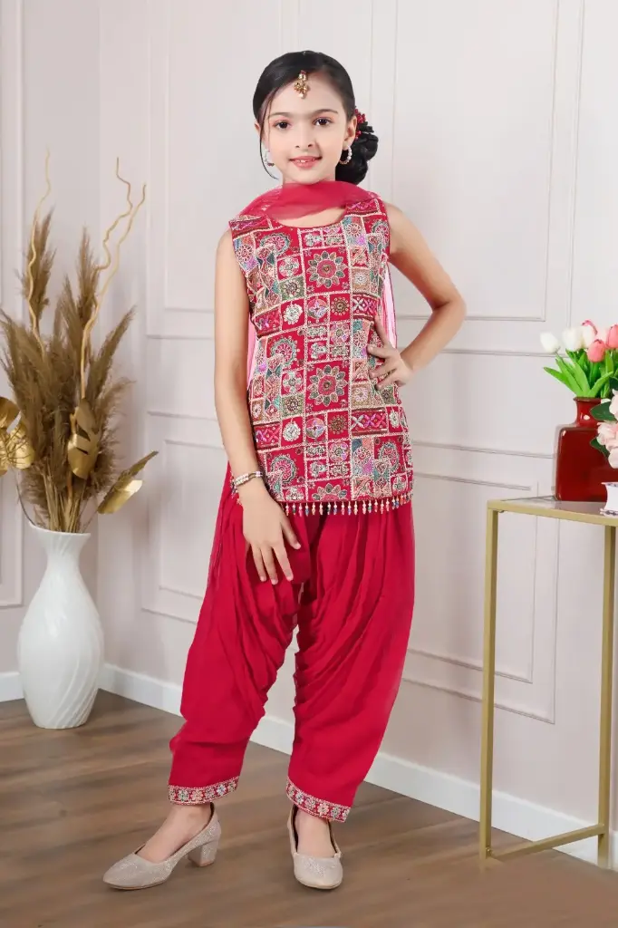 Gulnaar Ruby Set – Red Embroidered Patiala Suit for Girls