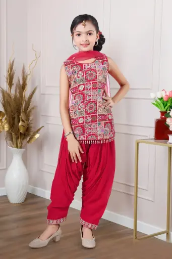 Gulnaar Ruby Set – Red Embroidered Patiala Suit for Girls